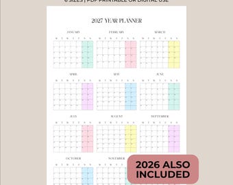 May include: A 2027 year planner calendar document featuring twelve monthly grids with black text on a white background. Each month includes days of the week and pastel-colored weekend columns. A pink rectangular badge states 2026 ALSO INCLUDED.