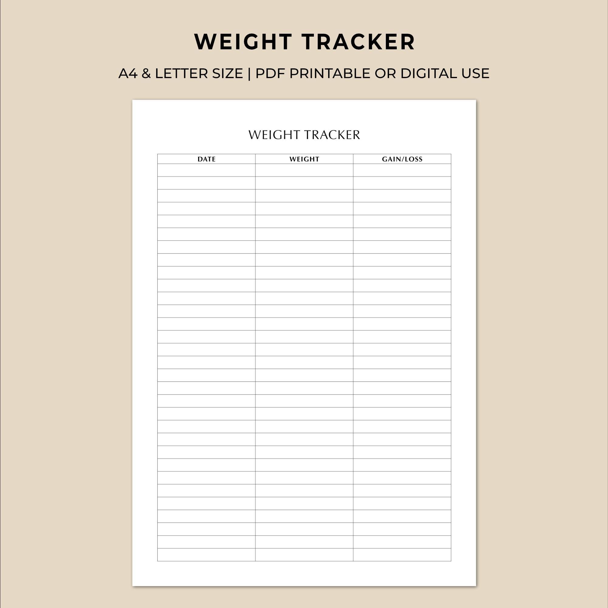 Weight Tracker Printable Body Weight Log for Weight Loss or Gain Fitness & Health Planner PDF