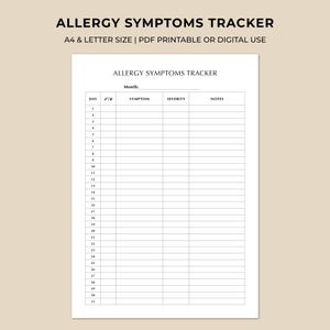Peut inclure: Un document de suivi des symptômes d'allergie blanc avec du texte noir. L'en-tête indique ALLERGY SYMPTOMS TRACKER, A4 & LETTER SIZE | PDF PRINTABLE OR DIGITAL USE. Le formulaire inclut des colonnes pour le jour, coche, symptôme, sévérité et notes.