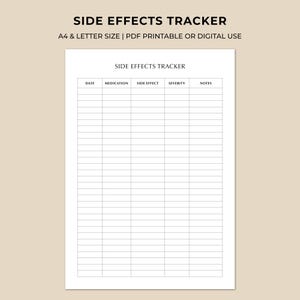 May include: A white printable side effects tracker with the title "SIDE EFFECTS TRACKER" at the top. The document includes columns for date, medication, side effect, severity, and notes. The text "A4 & LETTER SIZE | PDF PRINTABLE OR DIGITAL USE" is also visible.