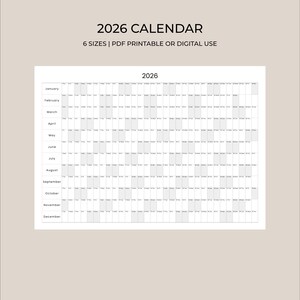 Puede incluir: Un calendario imprimible de 2026 con un diseño minimalista. El calendario presenta un diseño anual con los meses enumerados verticalmente y los días horizontalmente. El texto "2026 CALENDAR" y "6 SIZES | PDF PRINTABLE OR DIGITAL USE" están en la parte superior.