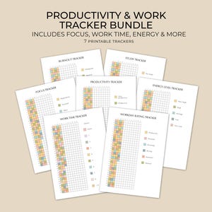 May include: A bundle of seven printable productivity and work trackers. Each tracker features a grid with color-coded sections for tracking focus, work time, energy, and more. The text at the top reads "Productivity & Work Tracker Bundle."