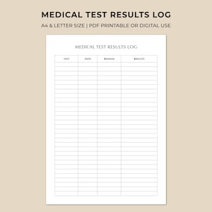 Puede incluir: Una hoja de registro de resultados de pruebas médicas en blanco con texto negro. El encabezado dice MEDICAL TEST RESULTS LOG. Debajo, una tabla presenta cuatro columnas tituladas TEST, DATE, REASON y RESULTS, con filas horizontales.