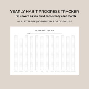 May include: A white printable habit tracker with a yearly calendar layout. The tracker includes spaces for each month, labeled from January to December, and a section to write the habit being tracked. Text at the top reads "Yearly Habit Progress Tracker."