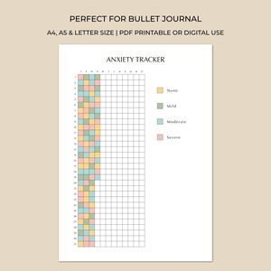 Op de afbeelding: Afdrukbare angsttracker met een raster voor het volgen van maandelijkse angstniveaus. De grafiek bevat kleurgecodeerde sleutels voor geen, mild, matig en ernstig. De tekst bovenaan luidt: "PERFECT FOR BULLET JOURNAL" en "ANXIETY TRACKER".