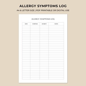 以下が含まれることがあります： 黒いテキストが記載された白いAllergy Symptoms Logドキュメント。ヘッダーにはALLERGY SYMPTOMS LOG, A4 & LETTER SIZE | PDF PRINTABLE OR DIGITAL USEと書かれています。その下には、Date、Symptom、Severity、Notesの列と水平線がある表が配置されています。