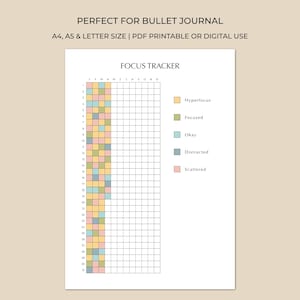 May include: A focus tracker for a bullet journal, designed for A4 and A5 sizes. The grid is divided into monthly columns and daily rows, with colour-coded sections for different focus levels. Text at the top reads "PERFECT FOR BULLET JOURNAL".