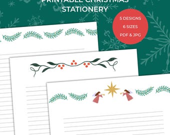 Puede incluir: Papelería navideña imprimible con varios diseños. La imagen muestra papel rayado con bordes decorativos con vegetación, bayas, ángeles y una estrella. El texto de la imagen dice "Printable Christmas Stationery", "5 Designs", "6 Sizes" y "PDF & JPG".