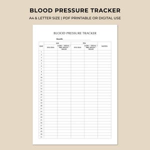 以下が含まれることがあります： 上部に「BLOOD PRESSURE TRACKER」というタイトルが付いた、白い印刷可能な血圧トラッカー。トラッカーには、日付、午前と午後の測定値、メモのセクションが含まれています。「A4 & LETTER SIZE | PDF PRINTABLE OR DIGITAL USE」というテキストも表示されています。