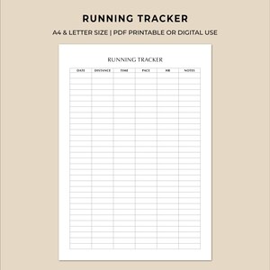 以下が含まれることがあります： 上部に「RUNNING TRACKER」というタイトルが付いた、白い印刷可能なランニングトラッカー。トラッカーには、日付、距離、時間、ペース、HR、メモの列が含まれています。「A4 & LETTER SIZE | PDF PRINTABLE OR DIGITAL USE」というテキストも表示されます。