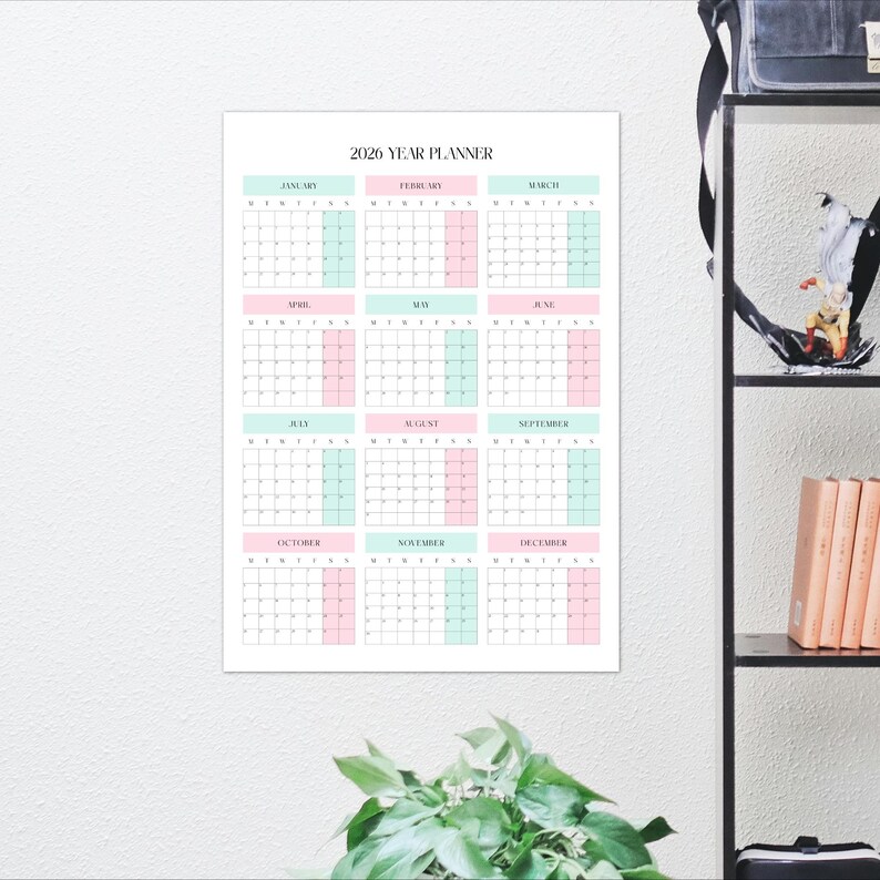 2026 Yearly Planner Printable | Year at a Glance Calendar | Pastel Pink ...