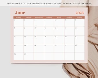 2026 Printable Monthly Calendar – Colourful Modern Calendar Pages, Minimal Digital Planner PDF