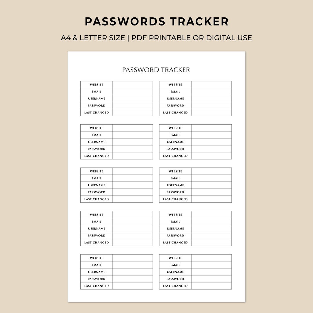 Password Tracker Printable | Secure Login Details Organizer | Website ...