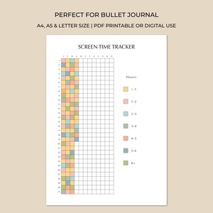 May include: A printable screen time tracker for bullet journals. The design includes a grid for tracking hours, with a color-coded key for different time ranges. The text at the top reads "PERFECT FOR BULLET JOURNAL".