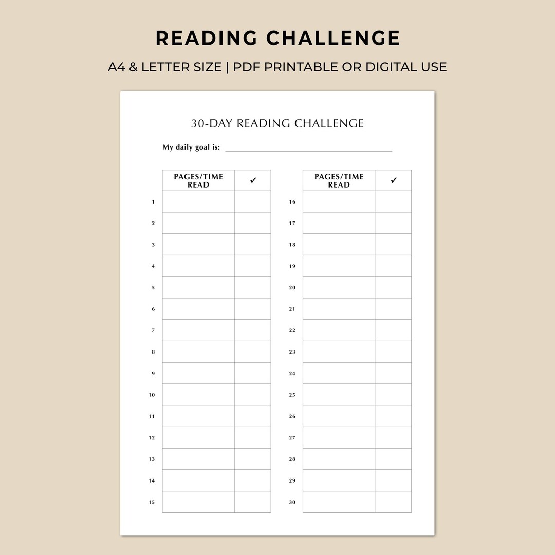 30 Day Reading Challenge Printable | Daily Reading Tracker | Time and ...