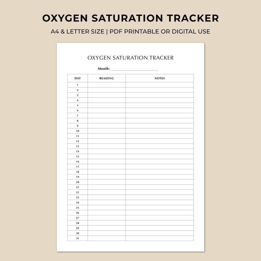Oxygen Saturation Tracker Printable, Monthly Spo2 Log, Daily Oxygen ...