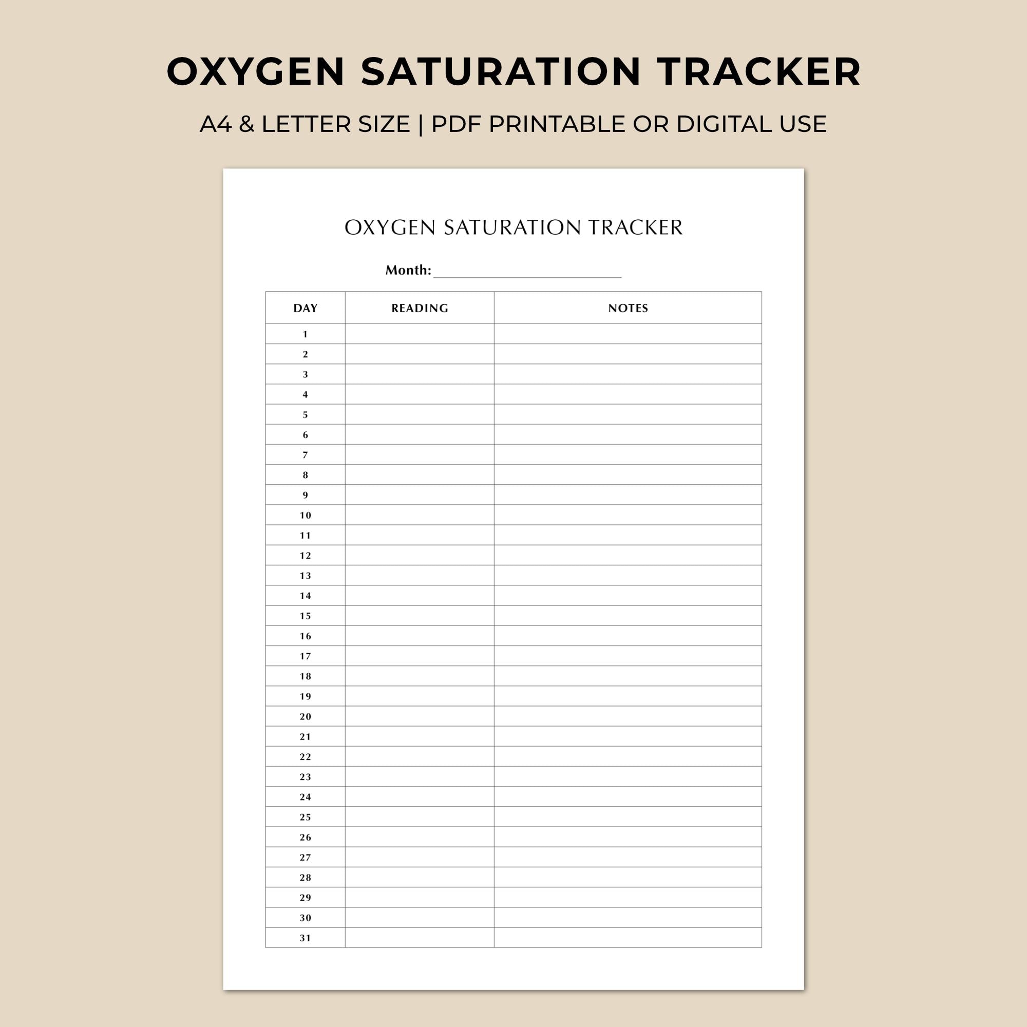 Oxygen Saturation Tracker Printable, Monthly Spo2 Log, Daily Oxygen ...