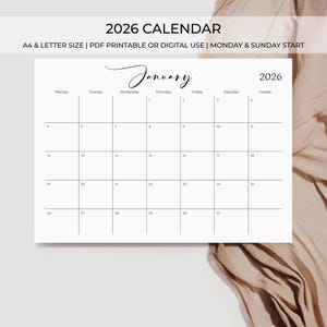 Può includere: Un calendario minimalista del 2026 in bianco, con il mese di gennaio. Il calendario è in formato A4 e lettera, progettato per la stampa PDF o l'uso digitale, con inizio lunedì e domenica. L'anno 2026 è ben visibile.