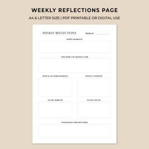 Op de afbeelding: Een witte, afdrukbare wekelijkse reflectiepagina met vragen over gelukkige momenten, dankbaarheid, prestaties, lessen en intenties. De pagina bevat de tekst "WEEKLY REFLECTIONS PAGE" en "A4 & LETTER SIZE | PDF PRINTABLE OR DIGITAL USE".