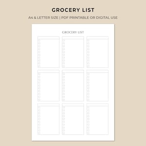 Può includere: Un elenco della spesa stampabile bianco con il titolo "GROCERY LIST" in alto. L'elenco è diviso in nove sezioni, ciascuna con caselle di controllo. È incluso anche il testo "A4 & LETTER SIZE | PDF PRINTABLE OR DIGITAL USE".