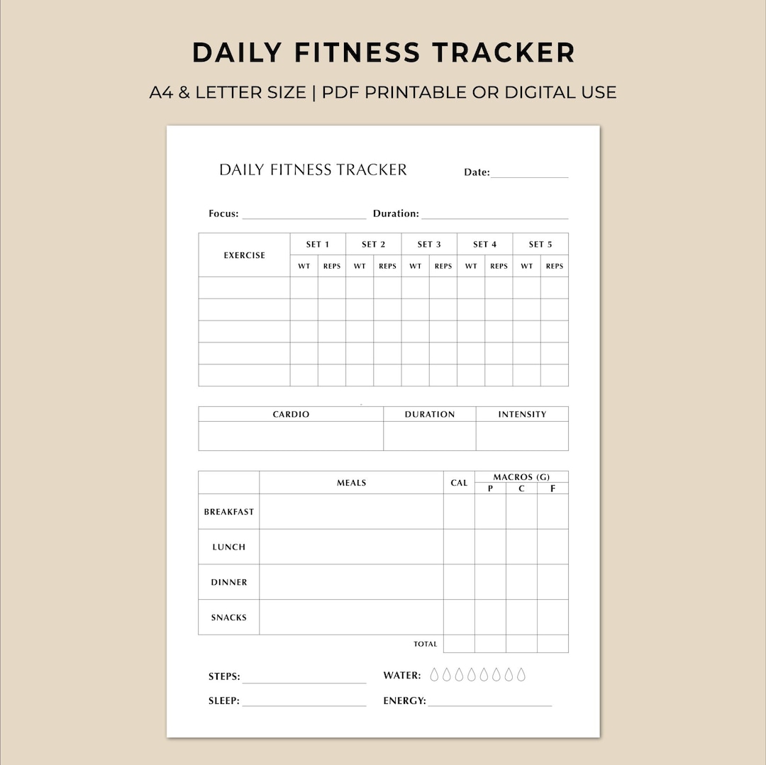 Daily Fitness Tracker Printable | Workout Log, Calories & Macros | A4 ...