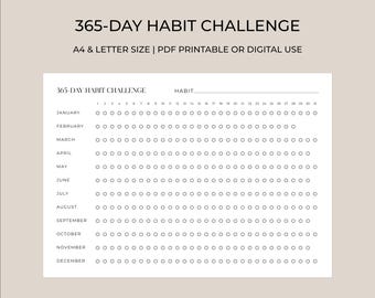 May include: A printable 365-day habit challenge chart. The chart is white with a minimalist design and includes months from January to December. The title "365-DAY HABIT CHALLENGE" is at the top, with space to write the habit.