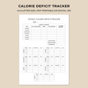 May include: A white printable calorie deficit tracker sheet with black text. The header reads CALORIE DEFICIT TRACKER, A4 & LETTER SIZE | PDF PRINTABLE OR DIGITAL USE. It includes a weekly summary table and daily meal and activity logs.