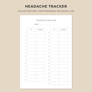 May include: A white printable headache tracker with the title "HEADACHE TRACKER" at the top. The tracker is designed to record headache severity for each day of the month, with space for 31 days. The document is A4 and letter size.
