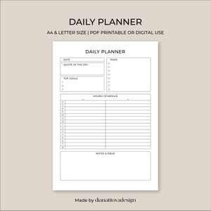 May include: A white daily planner featuring the text "DAILY PLANNER". It includes sections for the date, a quote, top goals, tasks, an hourly schedule, and notes. The text "A4 & LETTER SIZE | PDF PRINTABLE OR DIGITAL USE" is also visible.
