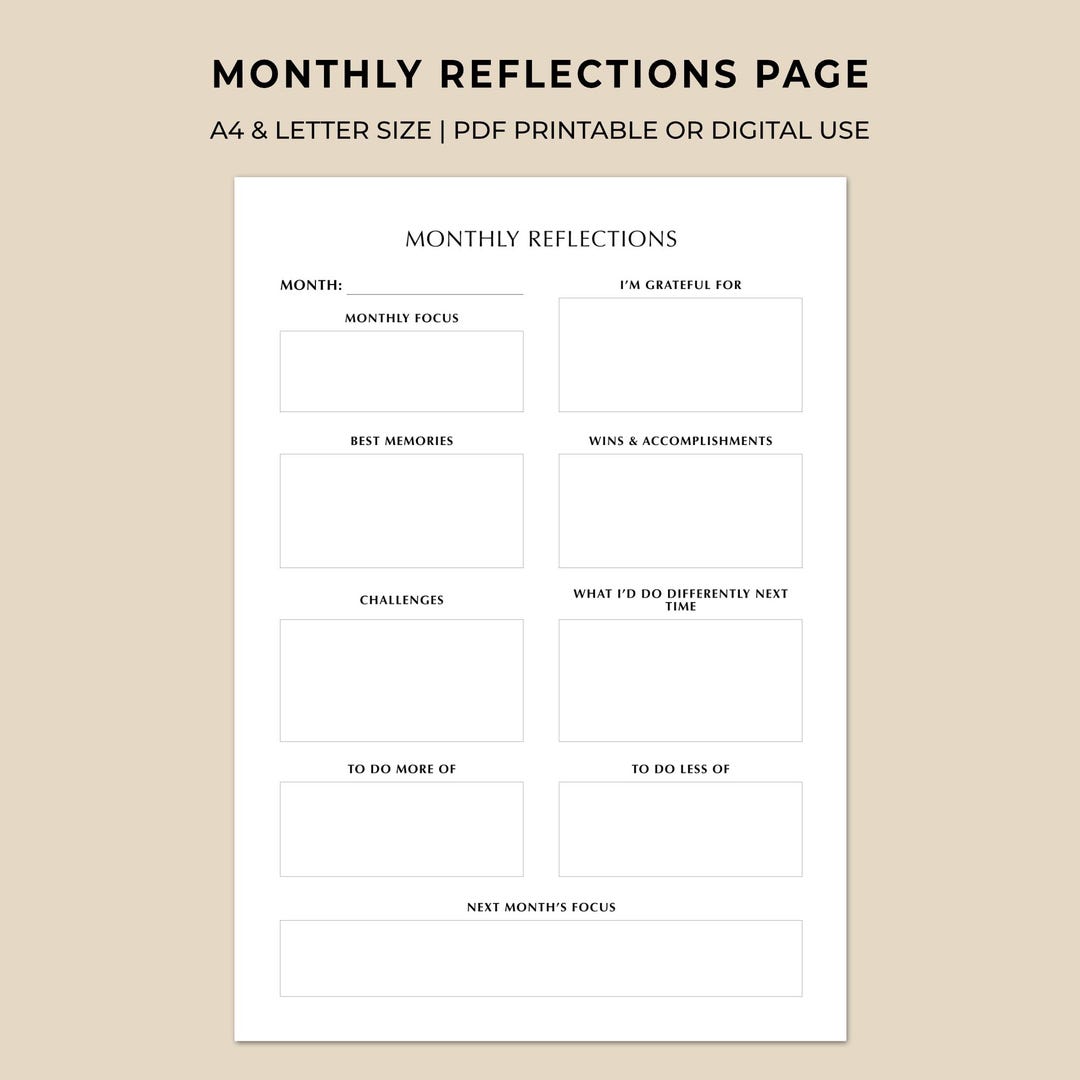 Monthy Reflections Monthly Reflections Page Printable | Monthly Review & Goal Reset | A4 ...