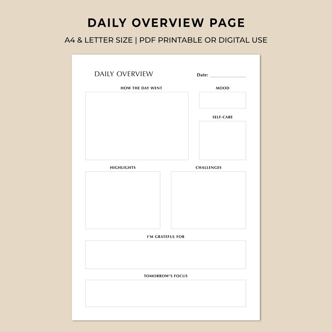 Daily Overview Page Printable | Daily Reflection & Self-care Planner ...
