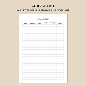 Courses Tracker Printable, Online Course Progress Log, Learning Planner, Minimal Study Organizer