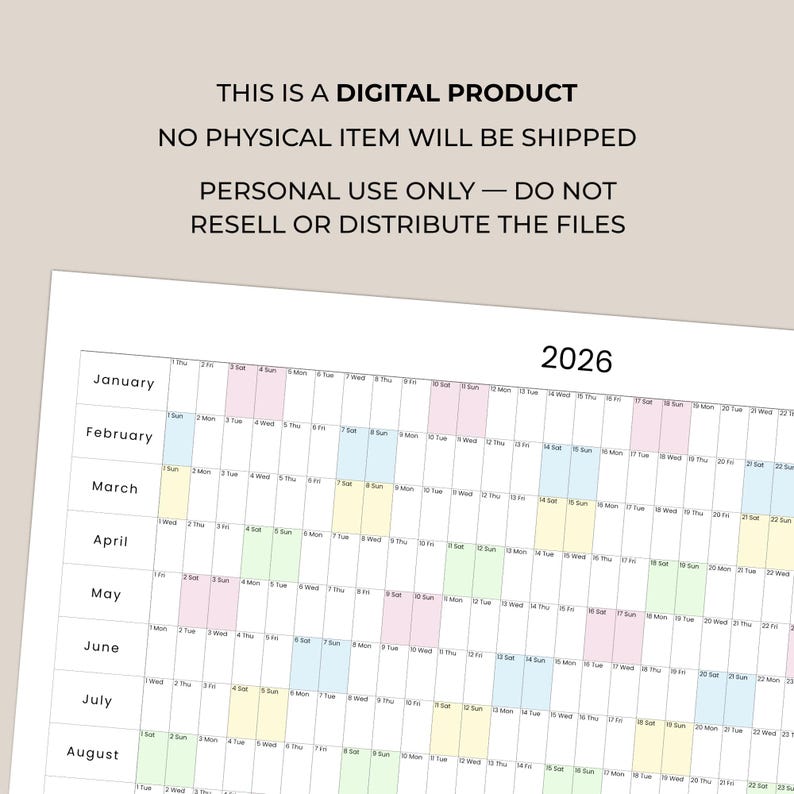 2026 Wall Planner Printable | Pastel Horizontal Calendar | Year at a ...