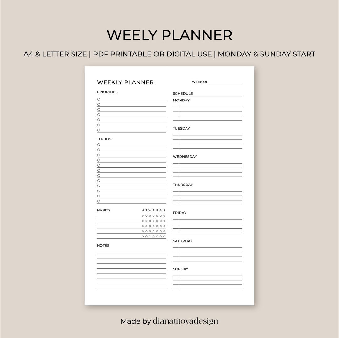 Undated Week Weekly Planner Printable | Undated Week at a Glance With Schedule, To ...