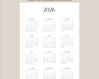 2026 Year at a Glance Calendar Printable | Minimal Yearly Overview | Wall Calendar Digital PDF