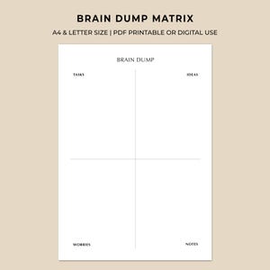 May include: A white printable "Brain Dump Matrix" with the text "Brain Dump Matrix" at the top. The matrix is divided into four sections labeled "Tasks", "Ideas", "Worries", and "Notes". The text "A4 & Letter Size | PDF Printable or Digital Use" is also present.