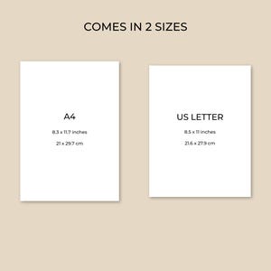 Pode incluir: Duas folhas de papel brancas, A4 e US LETTER, com detalhes de tamanho em polegadas e cent&iacute;metros. A folha A4 tem 8,3 x 11,7 polegadas (21 x 29,7 cm), e a US LETTER tem 8,5 x 11 polegadas (21,6 x 27,9 cm). O texto "COMES IN 2 SIZES" est&aacute; no topo.