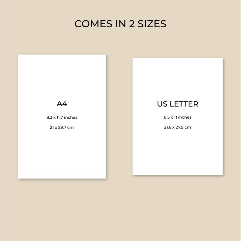 Pode incluir: Duas folhas de papel brancas, A4 e US LETTER, com detalhes de tamanho em polegadas e cent&iacute;metros. A folha A4 tem 8,3 x 11,7 polegadas (21 x 29,7 cm), e a US LETTER tem 8,5 x 11 polegadas (21,6 x 27,9 cm). O texto "COMES IN 2 SIZES" est&aacute; no topo.