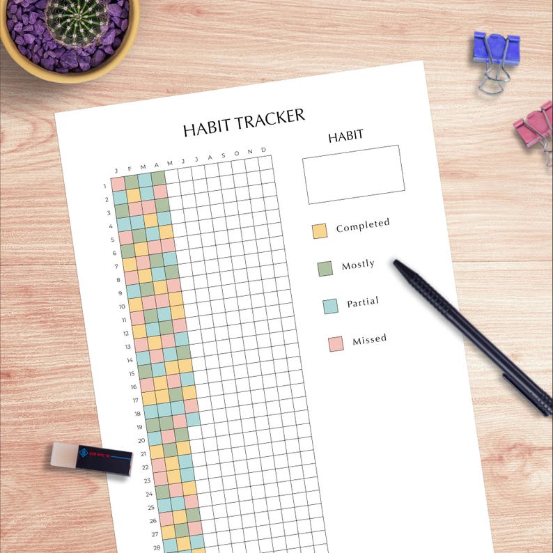 Daily Habit Tracker Printable | Yearly Color in Pixel Grid Habit ...
