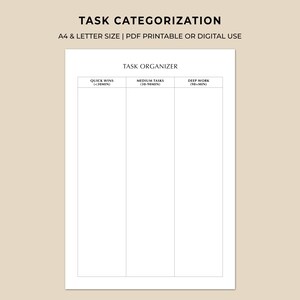 Task Categorization by Time | Quick Wins & Deep Work Planner | Printable Productivity Sheet
