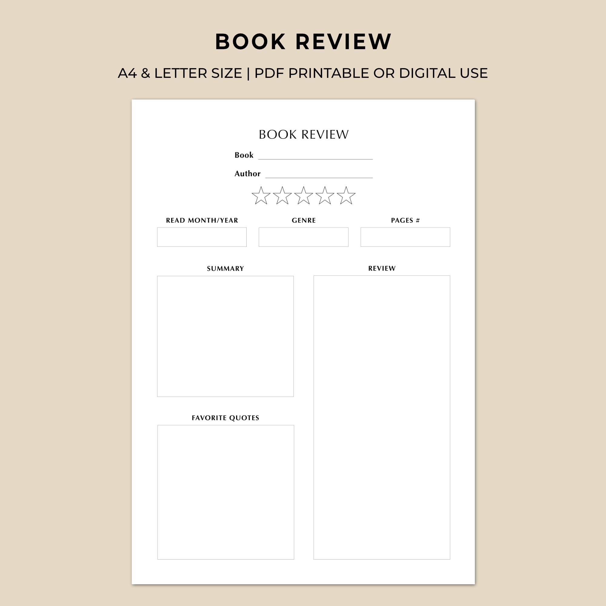 Book Review Printable Reading Journal Page | Books Summary & Rating - Etsy