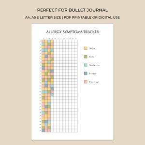Può includere: Un tracker stampabile dei sintomi allergici con una griglia per il monitoraggio dei sintomi. Il grafico include il testo "ALLERGY SYMPTOMS TRACKER" ed è etichettato con i mesi dell'anno. Il tracker è progettato per formati A4, A5 e lettera.