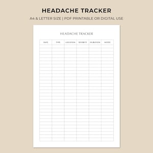 Peut inclure: Un document de suivi des maux de tête blanc avec du texte et des lignes de grille noirs. L'en-tête indique HEADACHE TRACKER, suivi de colonnes pour Date, Type, Location, Severity, Duration et Notes. Le texte au-dessus indique HEADACHE TRACKER A4 & LETTER SIZE | PDF PRINTABLE OR DIGITAL USE.