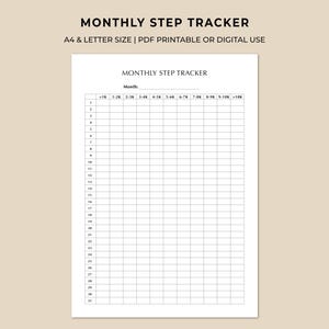 May include: A white printable step tracker with the text "MONTHLY STEP TRACKER" at the top. The tracker is divided into a grid with rows for each day of the month and columns for step counts, ranging from less than 1,000 steps to over 10,000 steps. The text "A4 & LETTER SIZE | PDF PRINTABLE OR DIGITAL USE" is also visible.