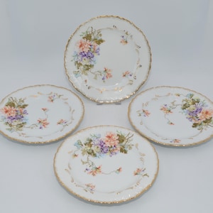 4 x Art Deco cake plates with flowers and gold rim tableware, 4 antique plates with gold and flowers, Shabby cake plates