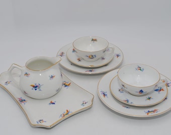 Servizio da tè antico in porcellana slesiana K. Steinmann Tiefenfurt, K.St.T. Servizio da tè in porcellana slesiana con piatto per 2 persone, porcellana di Parowa, Slesia.