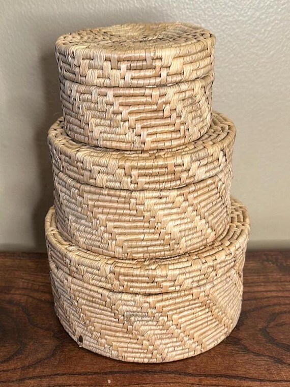 ヴィンテージナチュラル編み込みネスティングバスケット3個セット