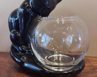 Soporte/planta vintage negro brillante para pecera/planta de gato negro de Camark/Royal Haeger