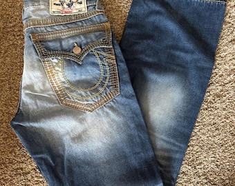 True Religion herrblå raka jeans med signatursömmar