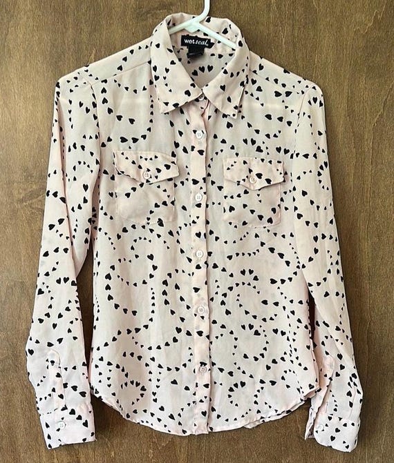 Vintage Wet Seal Pink Heart Button-Down Shirt - Size S